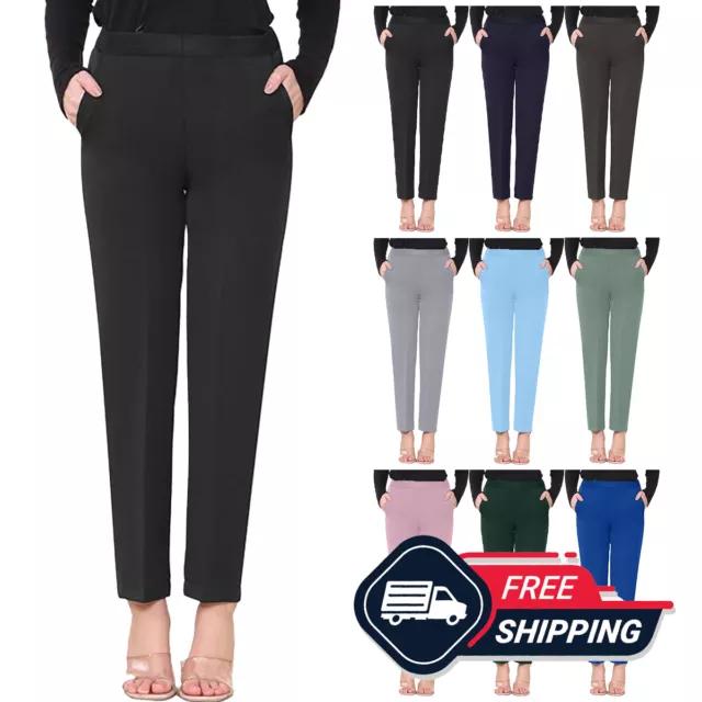 Ladies Womens Half Elasticated Waist Trousers 2 Pockets Pants Bottoms UK 8-24