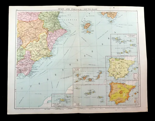 Map of Spain Ibiza Cape Verde Murcia Cartagena Lorca Post WW1 Antique Large 1919