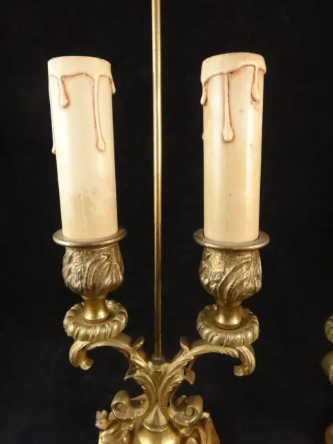 Pair Antique French Louis XV Style Gilt Bronze 2 Light Candelabra, 14” t. x 4” w 3