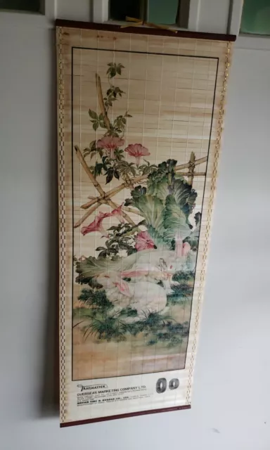 Vintage Asian Bamboo Art Slatted Scroll Wall Hanging Painting Adverising Rabbits