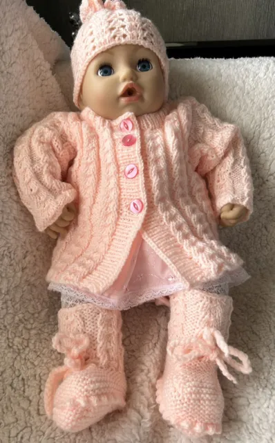 Hand knitted peach baby girls 4 piece outfit set cardigan hat & bootees 0-3Mths