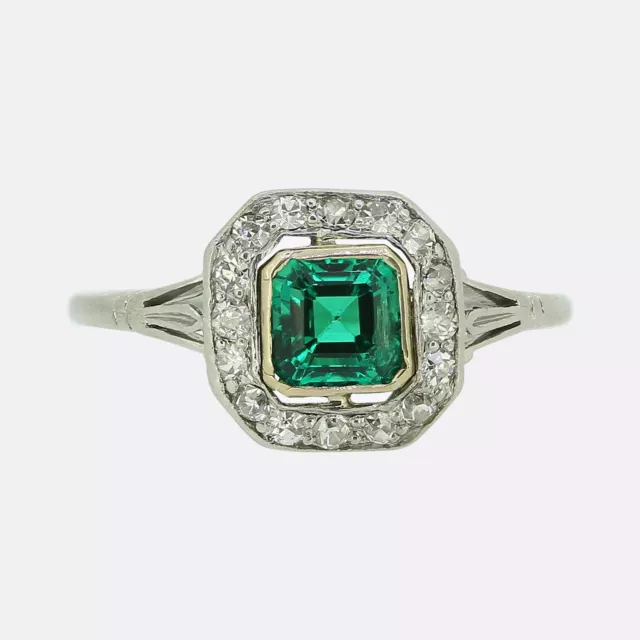 Art Deco Emerald and Diamond Cluster Ring - Platinum