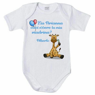 Body neonato personalizzato con nome e giraffa vuoi essere la mia madrina?