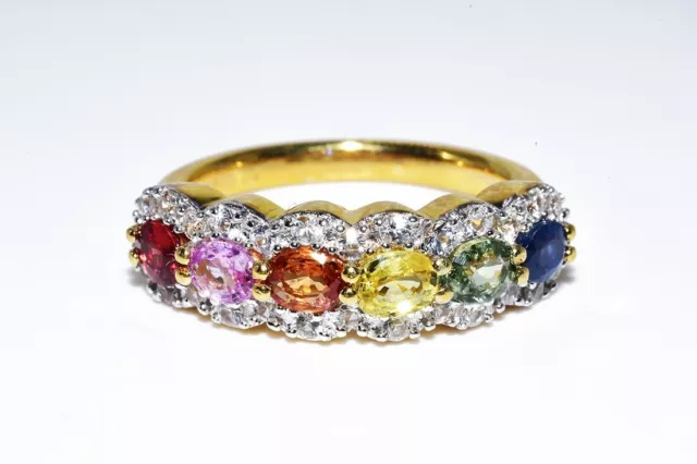 $500 1.11Ct Natural Multi Color Sapphire & White Topaz Silver Cocktail Ring