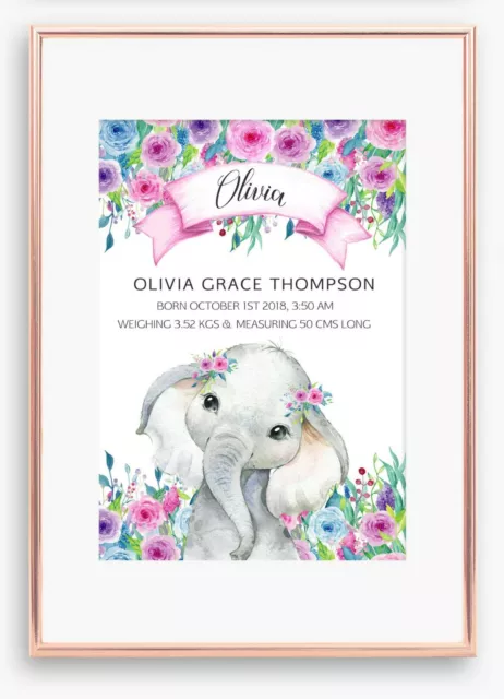 A4 Floral Girls Elephant Birth Stats Announcement Print, Nursery Wall Art