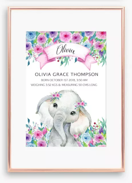 A4 Nursery/Baby personalised,birth announcement/stats Elephant Girl Gift flowers