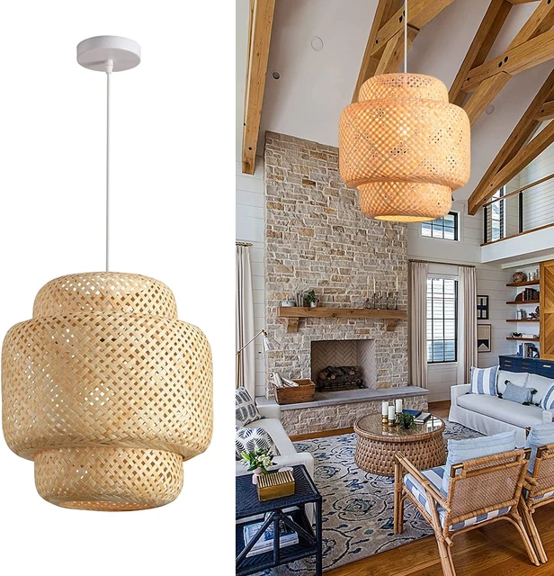 Pendant Light Hand Woven Natural Bamboo Lantern Light, Ceiling Hanging Light Fix