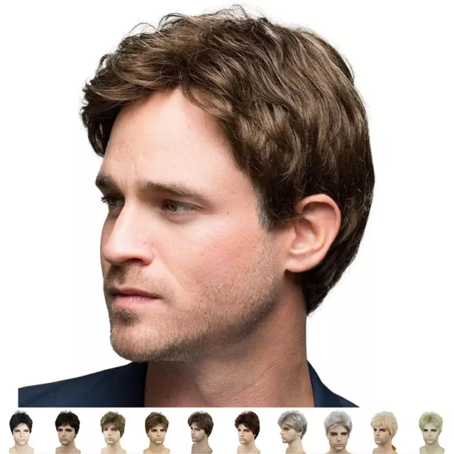 Mens Natural Short Straight Wigs Real Male Full Hair Wig Party Cosplay Toupee