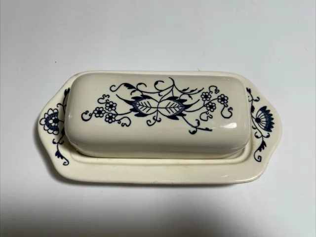 Vintage Antique, Butter Dish with Lid Hand Painted Blue Design MCM