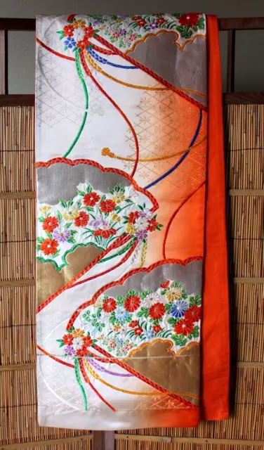 Japanese Vintage Kimono Fukuro Obi Silk Embroidery Folding Fan Flower
