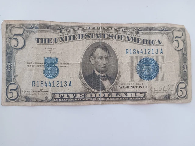 1934 Five Dollar Silver Certificate $5 Bill Blue Seal Note Hand Picked Vg/Fine