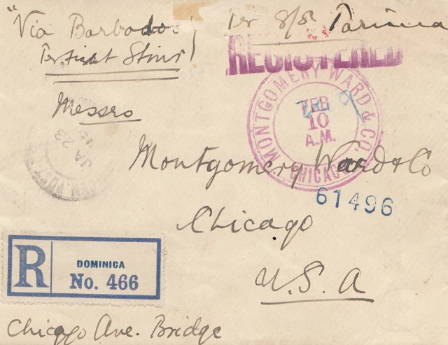 Domenikanische Republic: 1915: Registered Dominica To USA Via Barbados