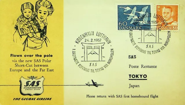 Sephil Dänemark 1957 SAS Polar Flight Kopenhagen Sich Tokyo Japan Abdeckung W/