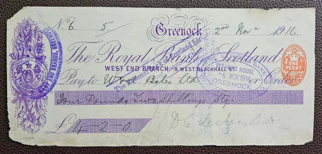 1916 The Royal Bank of Scotland, West End Branch, Greenock GB Cheque
