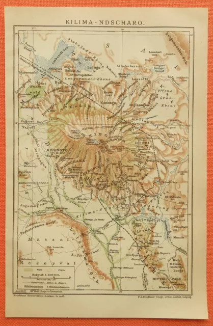 KILIMANDSCHARO Tansania Ost Afrika Kibo Kimawensi Karte  LITHOGRAPHIE  1912