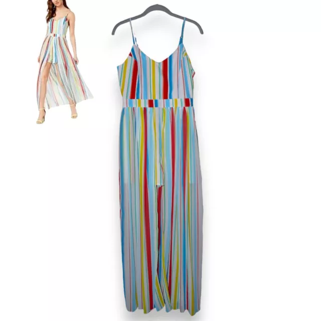 NWT XOXO Juniors' Beach Stripe Maxi Romper Tropical Blue Yellow Red Size M NEW