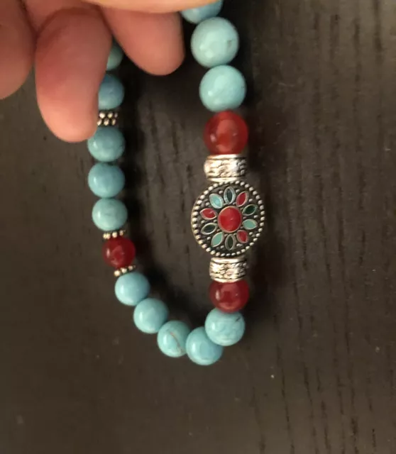 Natural Turquoise And Red Jade Authentic Gemstone Bracelet Protection Chakras