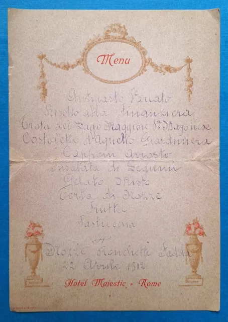 Menu di Nozze Ronchetti Fadda - Hotel Majestic Roma - 22 aprile 1902