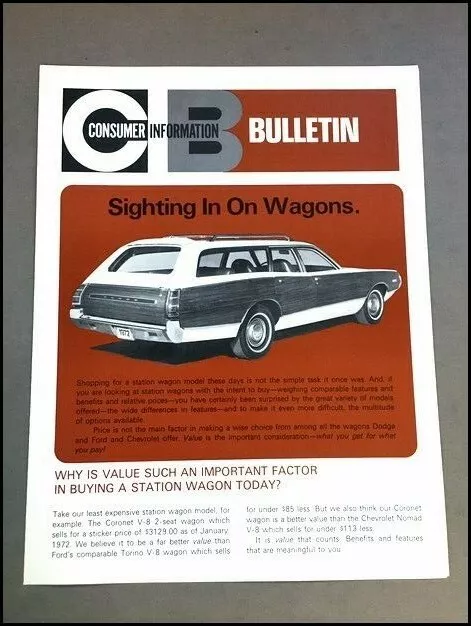 1972 Dodge Coronet Station Wagon Vintage Car Facts Bulletin Brochure Folder