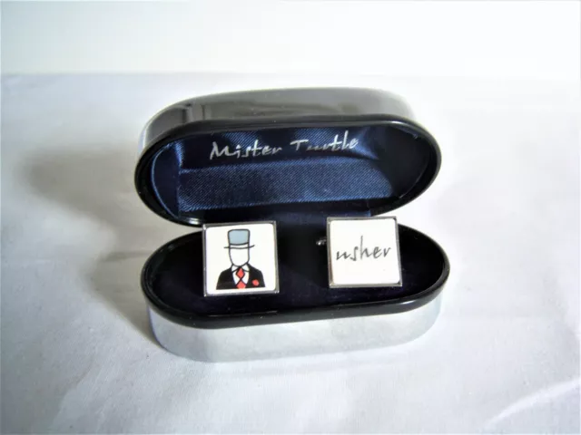 Mr Turtle Square Mens Silvertone & Ceramic Insert ' Usher ' Cufflink Set - Boxed