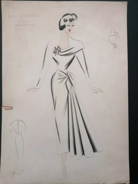 Figurino di moda degli anni 50/60 disegnato e colorato a mano