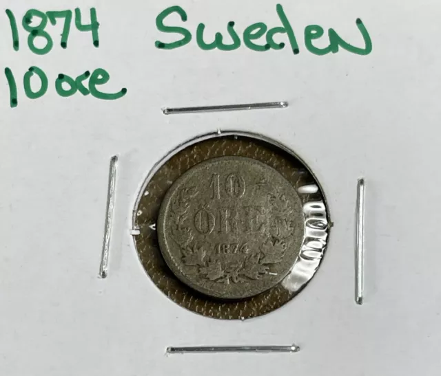 1874 Sweden 10 Ore Silver Coin - King Oscar II Km#737