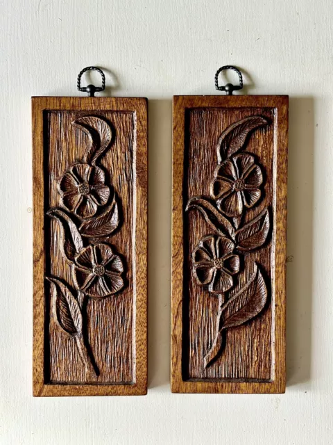 Pair Of Vintage Wood Carved Wall Plaque Flowers Boho Decor Wall Hanging 70s