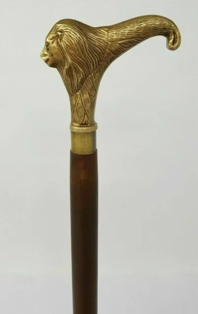 Victorian Vintage Brass Lion Head Handle Wooden Walking Stick Cane Handmade Gift