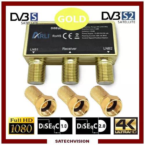 Commutateur DiSEqC 2/1 Gold ARLI + 3 Fiches F 7 mm Gold à visser avec joint