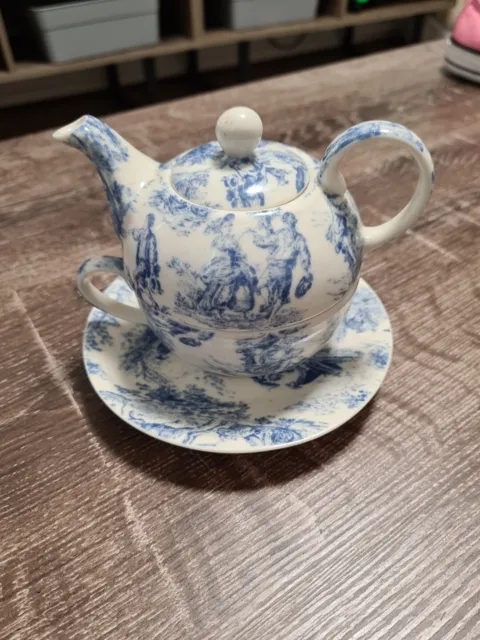 SOMERTON-GREEN Vintage, Rare, Tea For One, Teapot/Cup/Saucer Set 1850 Scenic Art