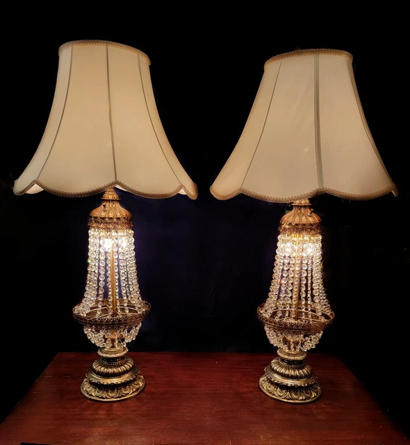 Stunning Pair Of Art Deco Hollywood Regency Style Crystal 3 Setting Lamps