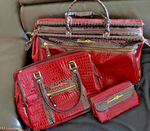 Samantha Brown - Red / Brown Embossed Weekender Bag 3-Pc Set (1 Used; 2 New)