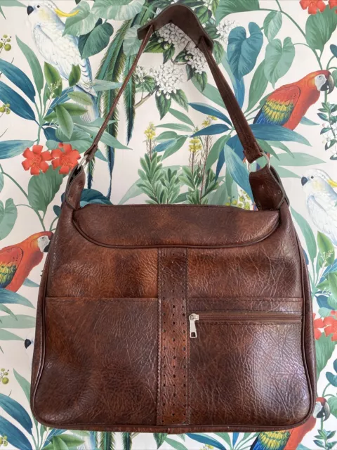 Vintage 1970s large brown faux leather handbag satchel bag Vegan Retro Luggage