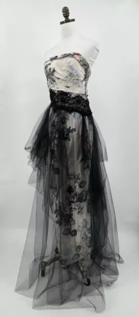 Marchesa Notte Womens Black Floral Tulle Cotton Silk Strapless Maxi Dress Sz 2 3