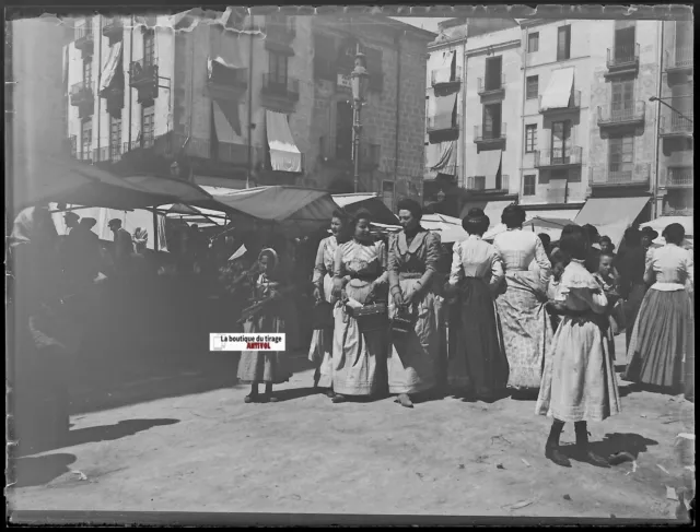 Perpignan, jour de marché, Plaque verre photo, négatif noir & blanc 9x12 cm