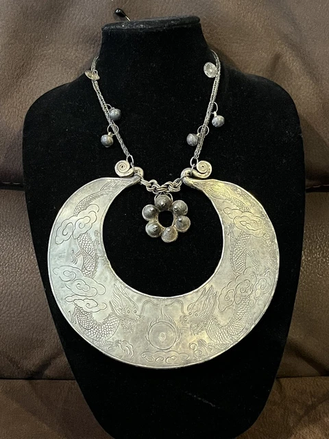 Antique Silver Ceremonial Huge Collar Necklace Dragons 345 Grams Hill Tribe