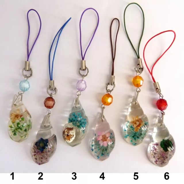 bijoux de portable ou de sac résine forme coquillage fleurs séchées multicolore