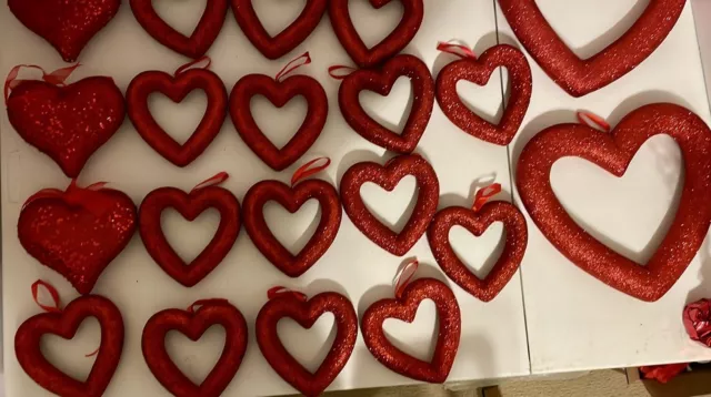 21 Assorted Sizes Valentine’s  Day Red Glitter Styrofoam Hearts  Tree Ornaments