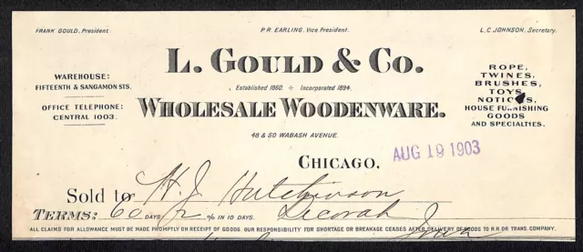 L. Gould & Co. Woodenware Chicago HJ Hutchinson Decorah, IA* Cut 1903 Billhead