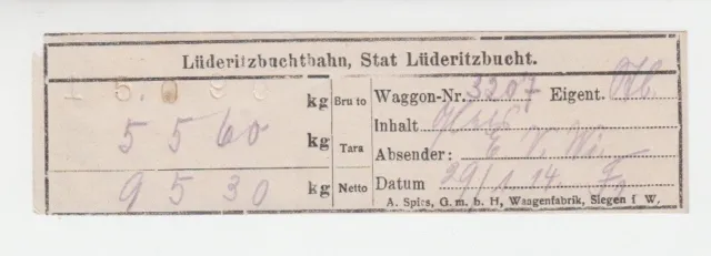 German South West Africa 29.01.1914 Ladeschein for Waggonladung 68858