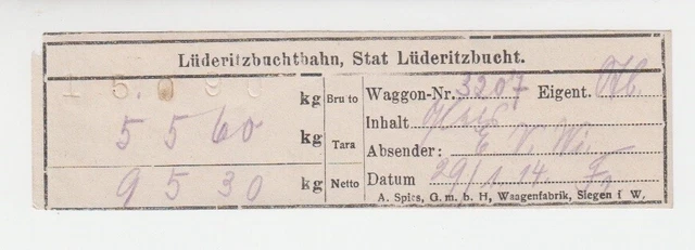 German South West Africa 29.01.1914 Ladeschein for Waggonladung 68858