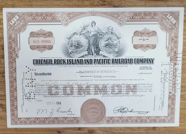 Stock Certificate Chicago Rock Island and Pacific Railroad Company Brown