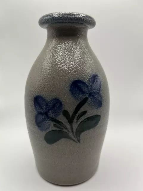 Rowe Pottery Works Stoneware Salt Glaze Vase Blue Floral