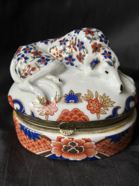 Vintage Andrea by Sadek Hand Paint Imari Style Greyhound Dog Floral Trinket Box