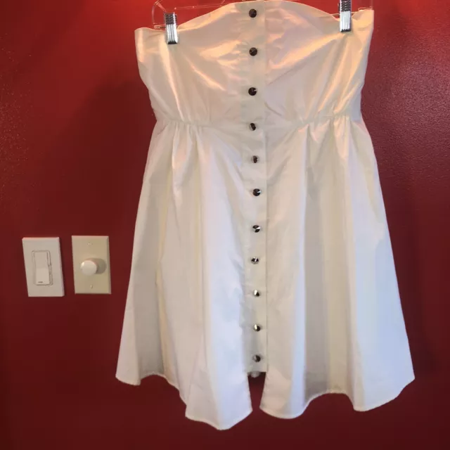 Pencey White Button Up Strapless Cotton Dress W Pockets Size 8 W Silver Buttons