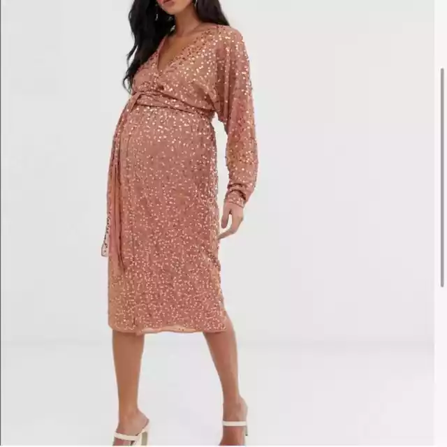 ASOS Maternity Midi Dress Sequins Wrap Long Sleeves Dress Women’s Size 2