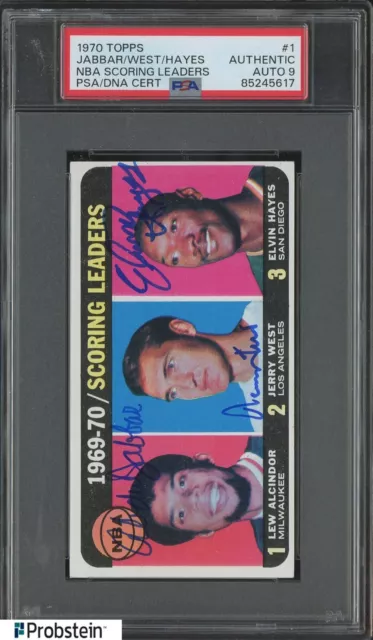 Lew Alcindor Jerry West Elvin Hayes HOF Signed 1970 Topps #1 PSA/DNA 9 AUTO