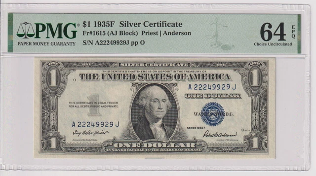 Fr 1615 1935F $1 SC A22249929J PMG 64EPQ Ch CU SERIES 1935-F
