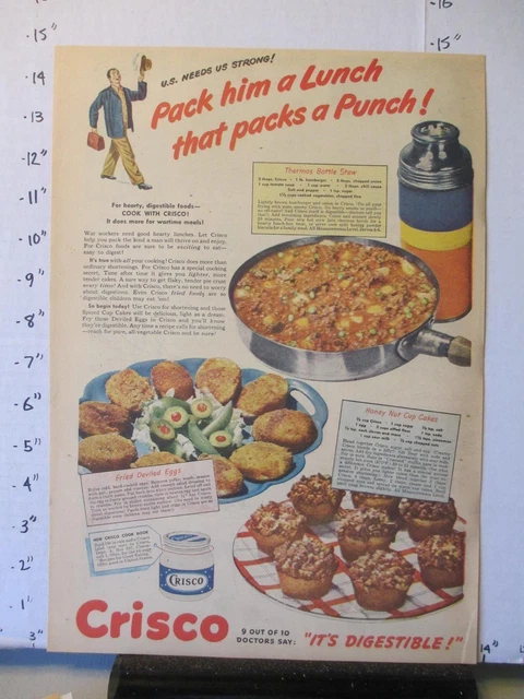 newspaper ad 1944 CRISCO shortening recipe Thermos stew cup cakes deviled egg