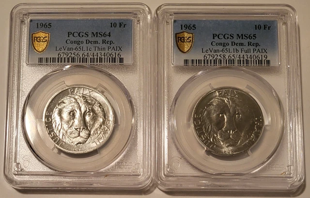 Congo Democratic Republic - Set of Two - 1965 10 Francs Varieties MS64/65 PCGS